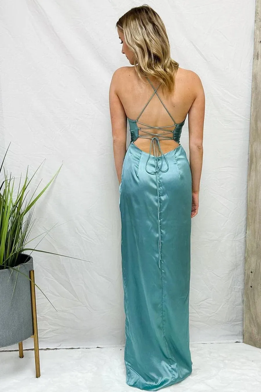 Light Blue Cowl Neck Twist Knot Pleated Long Prom Dress With Slit TP1219
