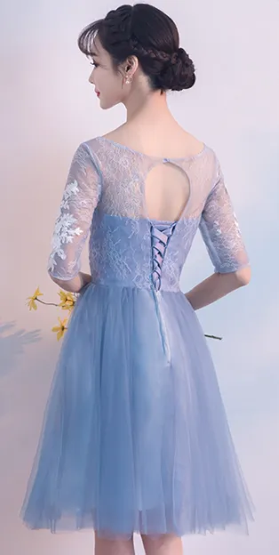 Light Blue Short Sleeves Tulle Party Dress , Tull Homecoming Dresses