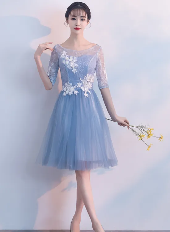 Light Blue Short Sleeves Tulle Party Dress , Tull Homecoming Dresses