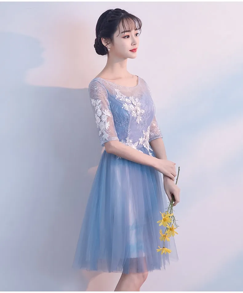 Light Blue Short Sleeves Tulle Party Dress , Tull Homecoming Dresses