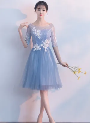 Light Blue Short Sleeves Tulle Party Dress , Tull Homecoming Dresses
