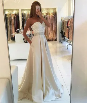 Light champagne lace long prom gown, champagne evening dress