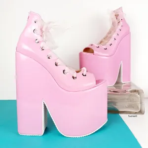 Light Pink Bondage LAce Up Wedge Platforms