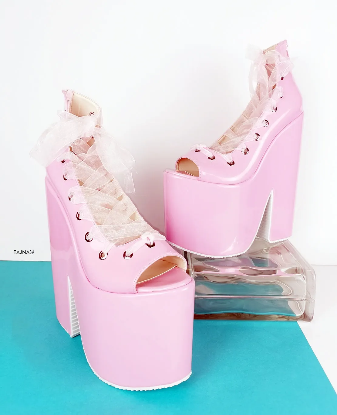Light Pink Bondage LAce Up Wedge Platforms