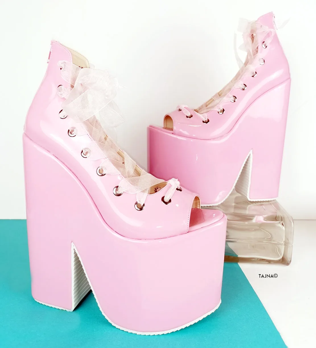 Light Pink Bondage LAce Up Wedge Platforms