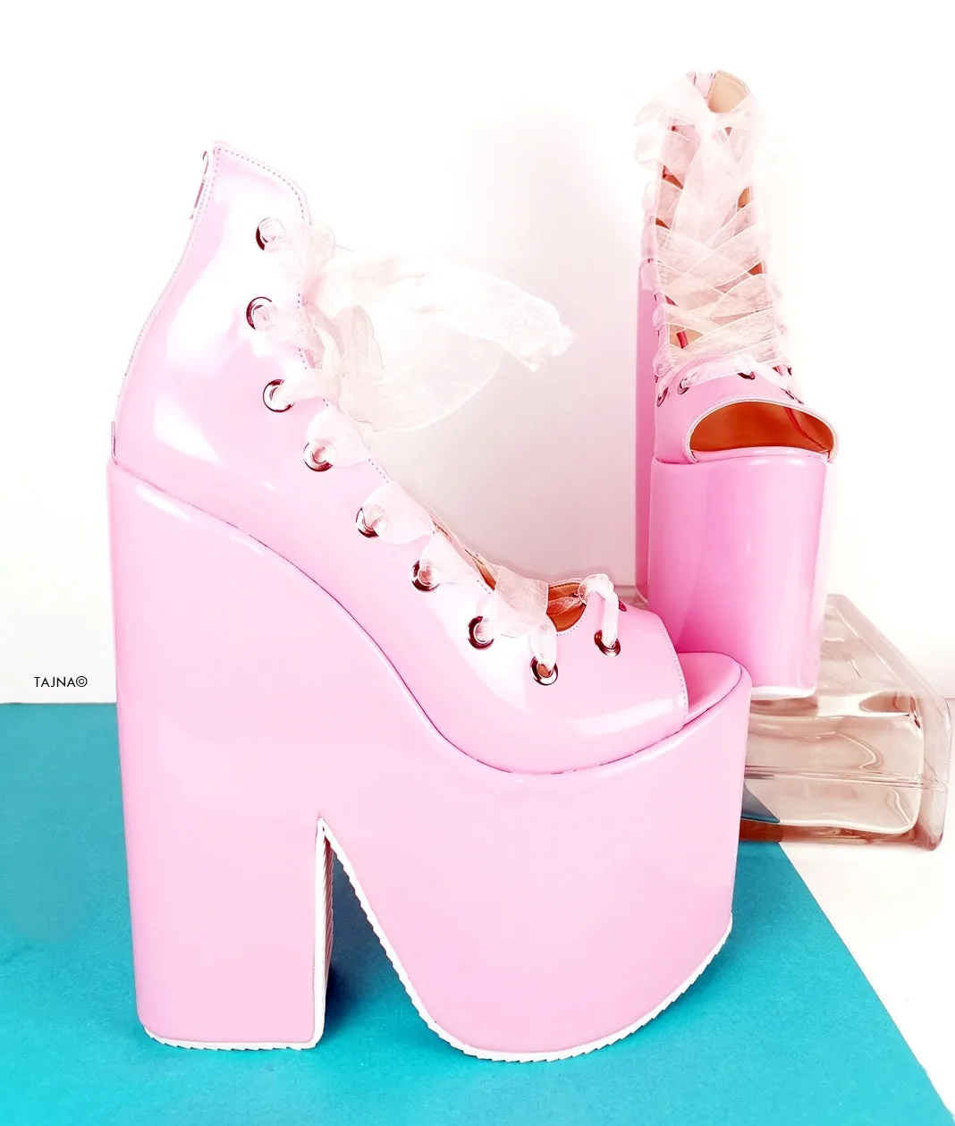 Light Pink Bondage LAce Up Wedge Platforms