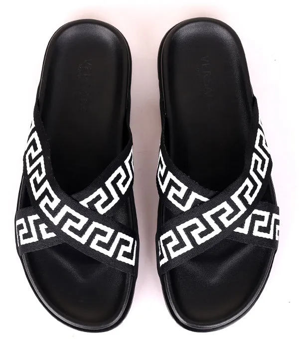 Medusa Greca Patterned Criss-Cross Slide|Black