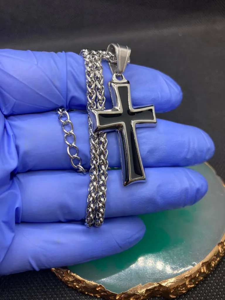 Men's Stainless Steel Cross Pendant Necklace-Silver
