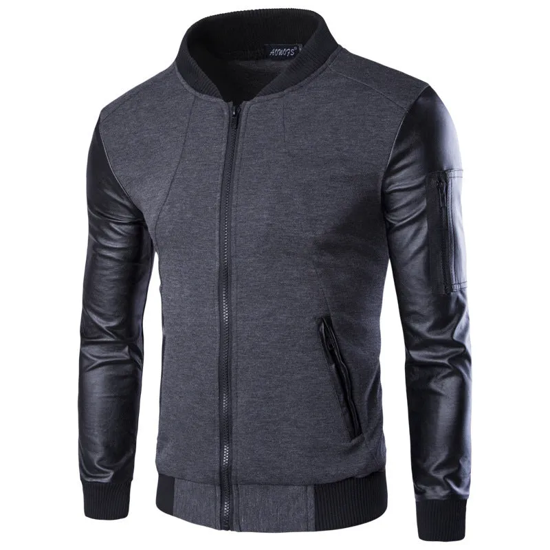 men's vertical collar jacket leather sleeve splice short cardigan