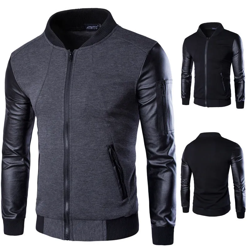 men's vertical collar jacket leather sleeve splice short cardigan