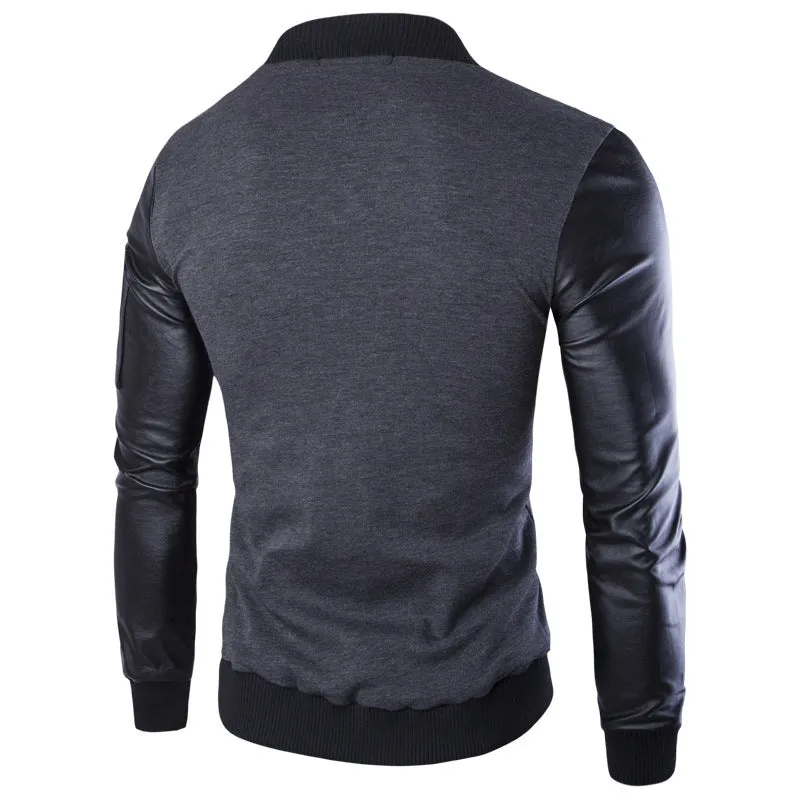 men's vertical collar jacket leather sleeve splice short cardigan