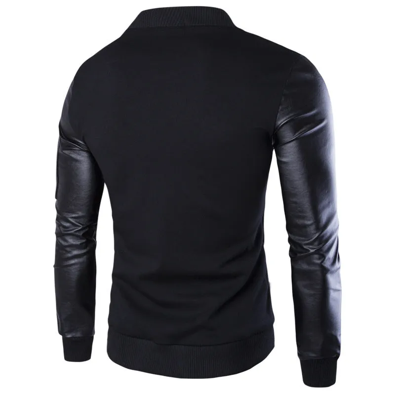 men's vertical collar jacket leather sleeve splice short cardigan