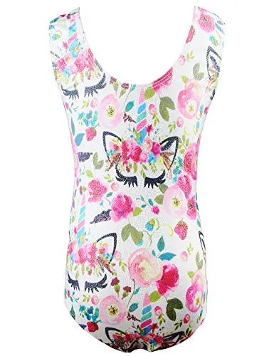 Midout Grils Fancy Tank Gymnastics Biketard Leotards Appeal 6t 7t,One-Piece Kids Floral Athletic Swimwear Bodysuits Quick-Dry, White-flower, 130(6-7Y)