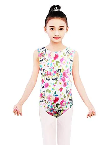 Midout Grils Fancy Tank Gymnastics Biketard Leotards Appeal 6t 7t,One-Piece Kids Floral Athletic Swimwear Bodysuits Quick-Dry, White-flower, 130(6-7Y)
