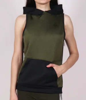 Military Green Black Sleeveless Hoodie