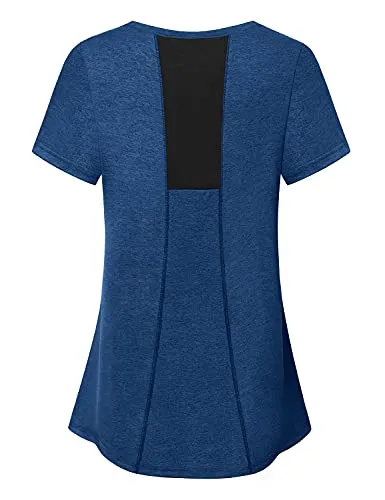 MOQIVGI T Shirts for Women Sports, Short Sleeve Workout Clothes, Juniors Soft Breathable Mesh Patchwork Dry Fit Tops Daily Lounge Vacation Casual Wear Blue Large