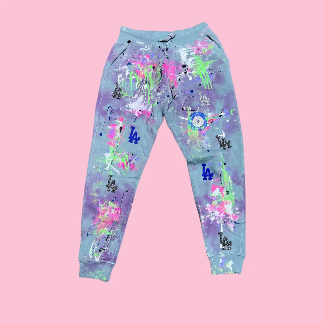 Neon Evil Eye LA Embellished Tie Dye Painted Joggers