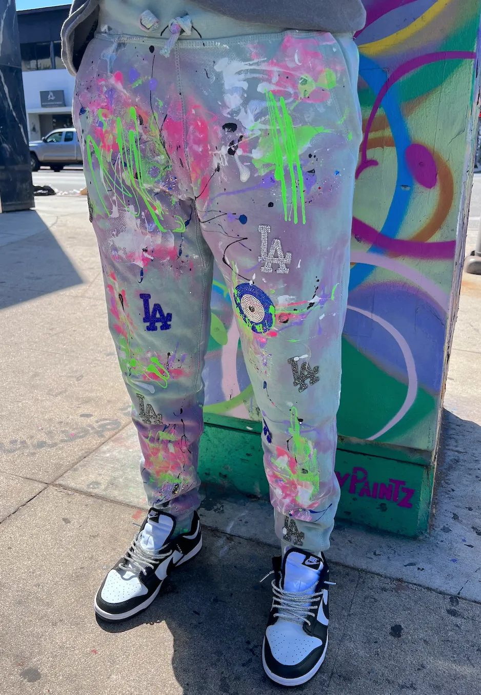 Neon Evil Eye LA Embellished Tie Dye Painted Joggers