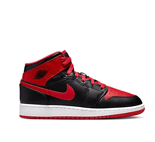 Nike Juniors Air Jordan 1 MID (GS), Black/Fire Red-White, Size 7 Big Kid