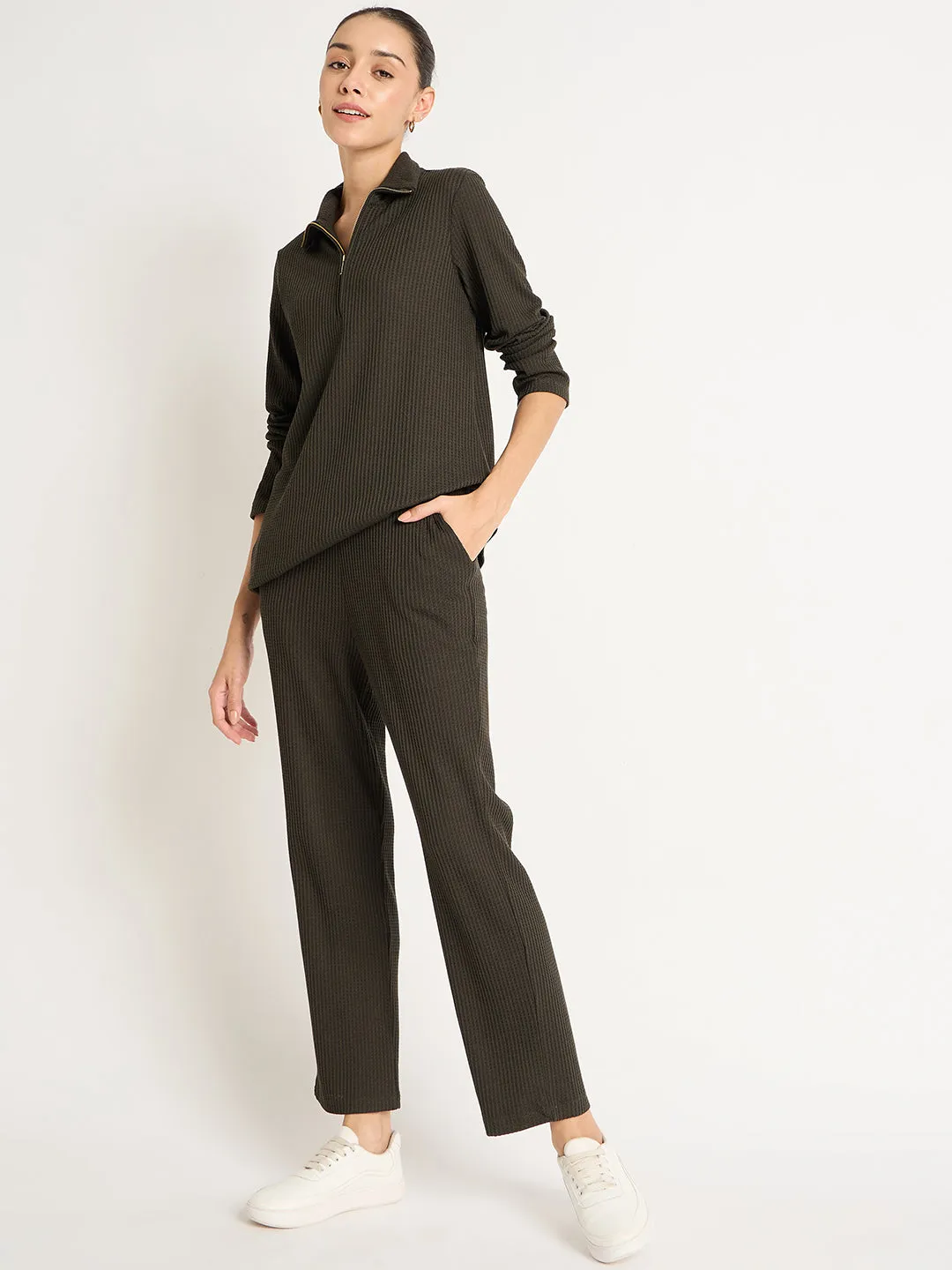 Olive Waffle Knit High Neck Co-Ord Set