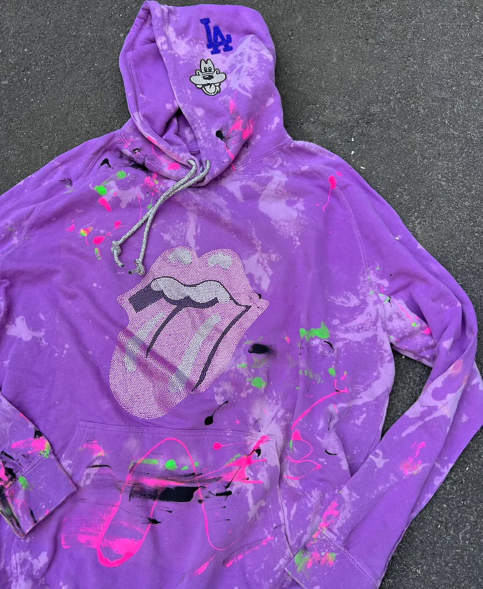 Orchid Tongue Mickey Rhinestone Paint Splatter Hoodie