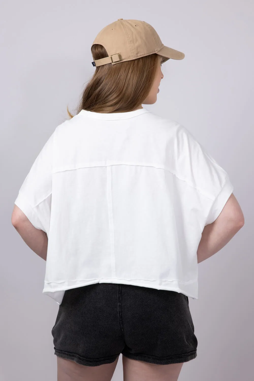Oversized Cropped Mineral Wash Knit T-Shirt for Women in White | NT11429-WHITE