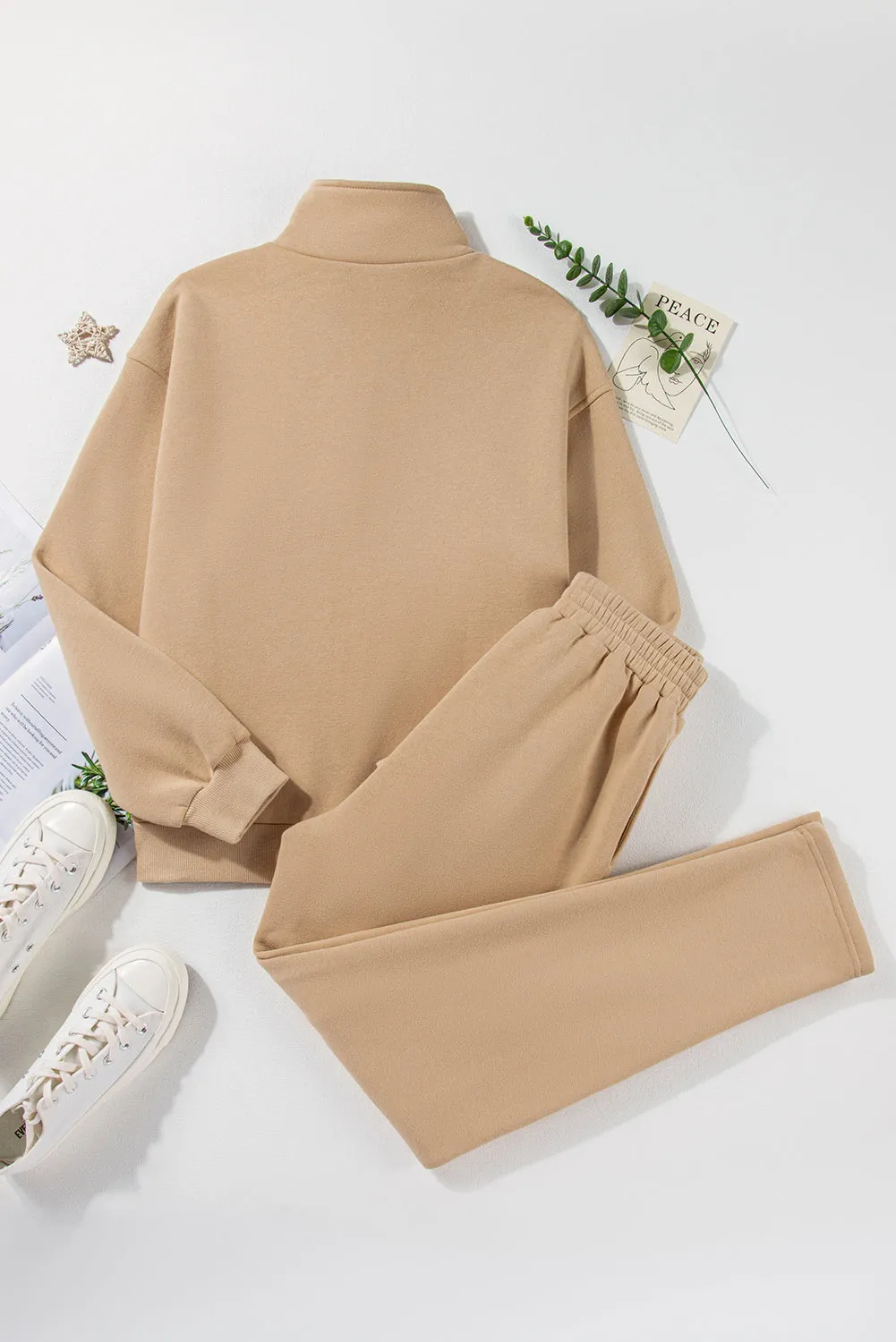 Parchment Solid Half Button Sweatshirt and High Waist Sweatpants Set