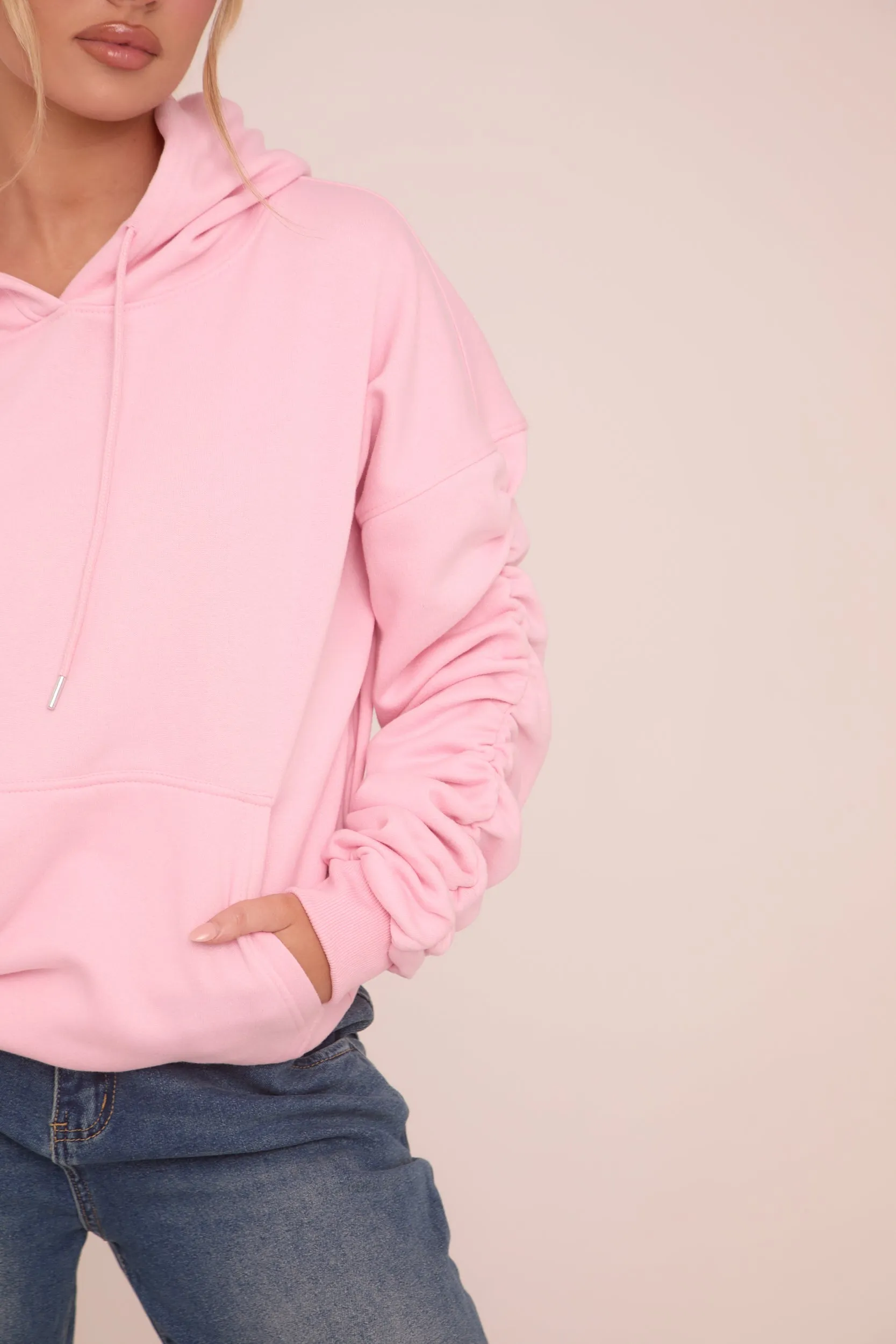 Pink Ruched Sleeve Oversized Hoodie - Lorna
