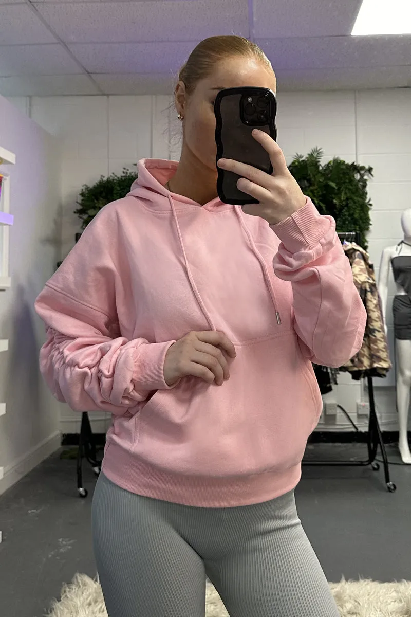 Pink Ruched Sleeve Oversized Hoodie - Lorna
