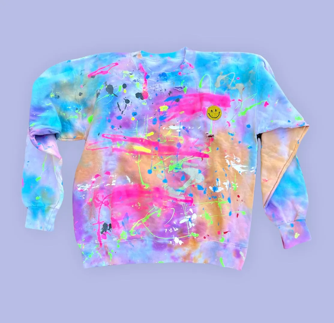 Rainbow Tie Dye Paint Distressed Smiley Crewneck