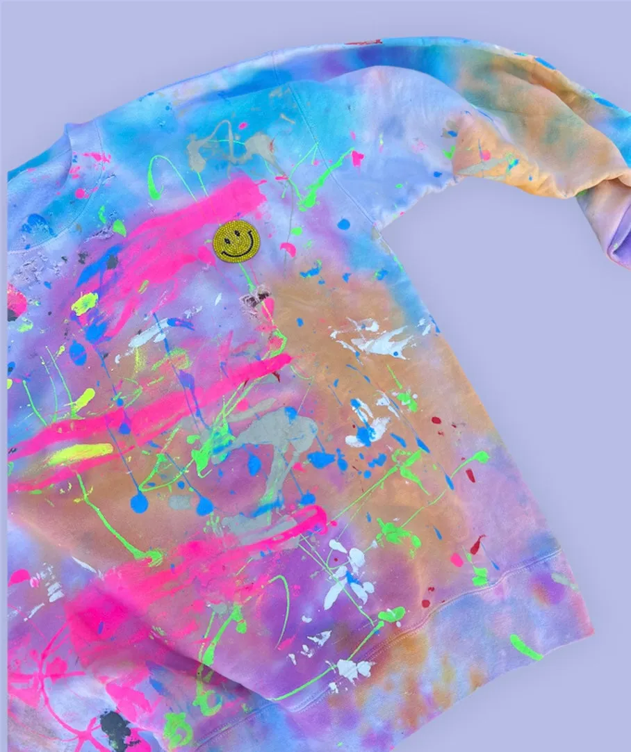 Rainbow Tie Dye Paint Distressed Smiley Crewneck