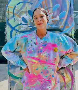 Rainbow Tie Dye Paint Distressed Smiley Crewneck
