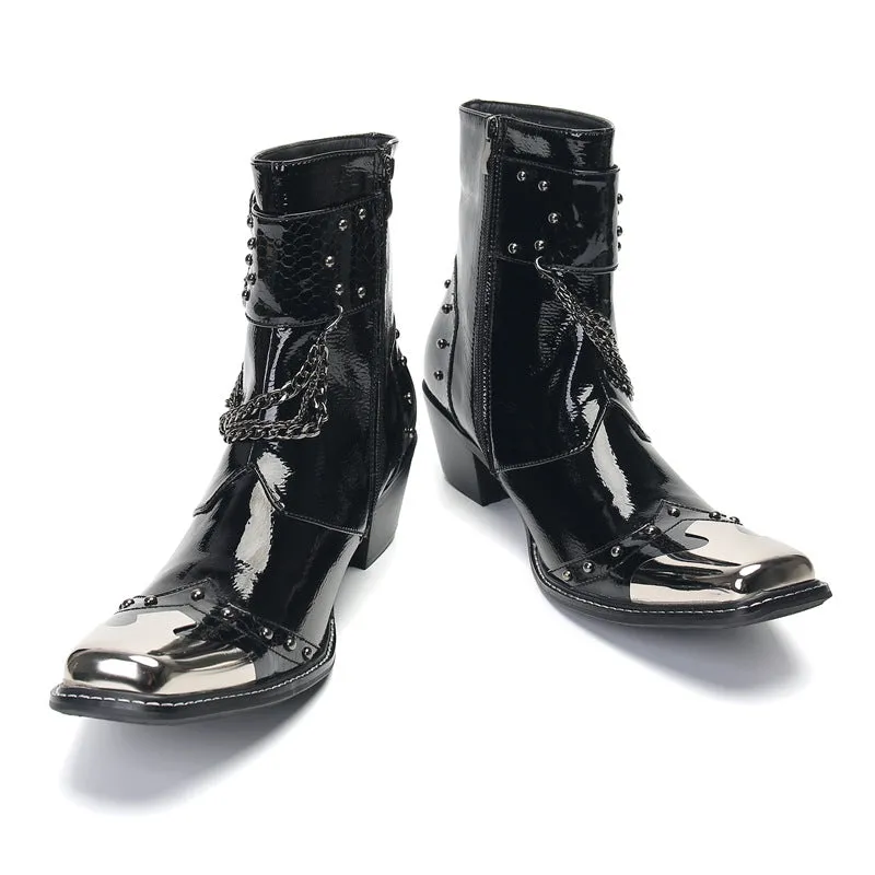 Retro Martin boots men's square toe shiny high-top boots niche side zipper design leather boots trendy slip-on short boots