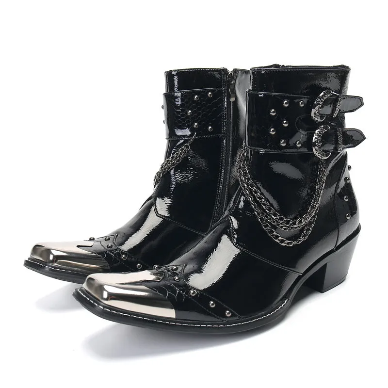 Retro Martin boots men's square toe shiny high-top boots niche side zipper design leather boots trendy slip-on short boots