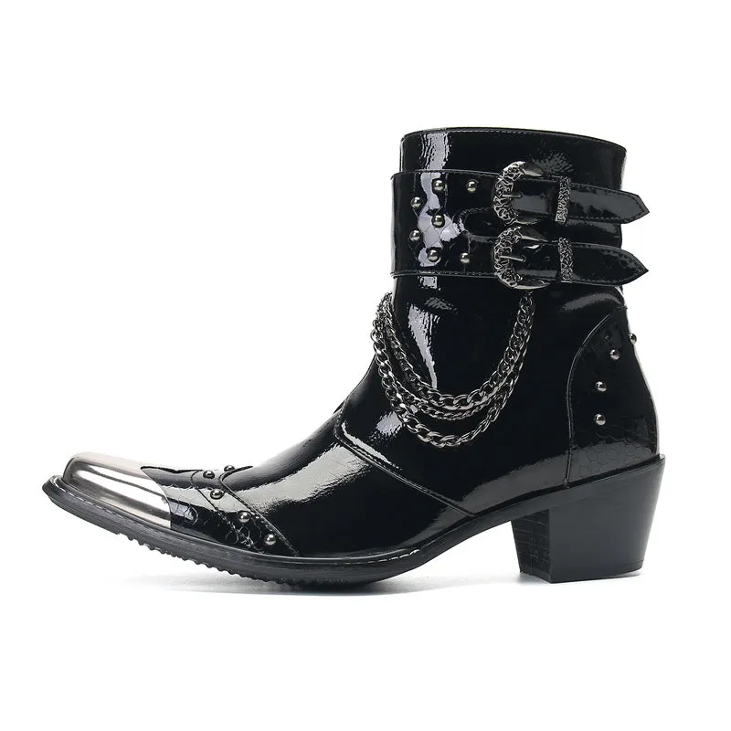 Retro Martin boots men's square toe shiny high-top boots niche side zipper design leather boots trendy slip-on short boots