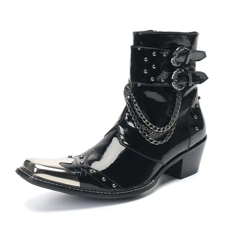 Retro Martin boots men's square toe shiny high-top boots niche side zipper design leather boots trendy slip-on short boots