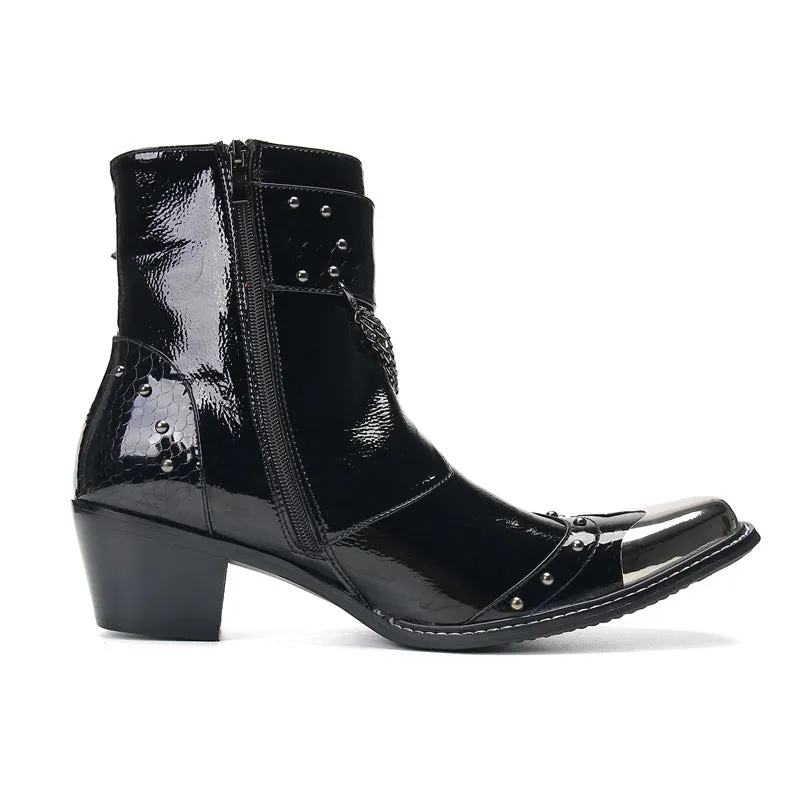 Retro Martin boots men's square toe shiny high-top boots niche side zipper design leather boots trendy slip-on short boots