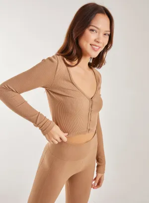 Rib Long Sleeve Button Down Top