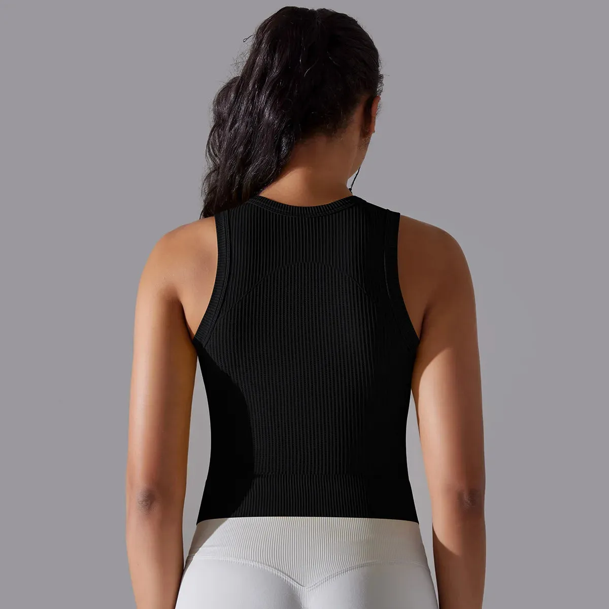 Ribbed Seamless Workout Tank Top - Women's Crew Neck Summer Sleeveless Yoga Shirt, Slim Sportswear Fitness Running Gym Top