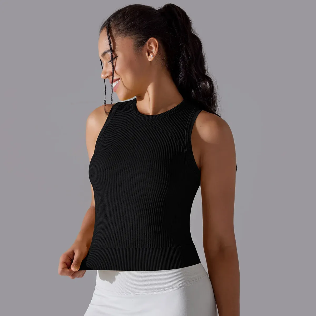 Ribbed Seamless Workout Tank Top - Women's Crew Neck Summer Sleeveless Yoga Shirt, Slim Sportswear Fitness Running Gym Top