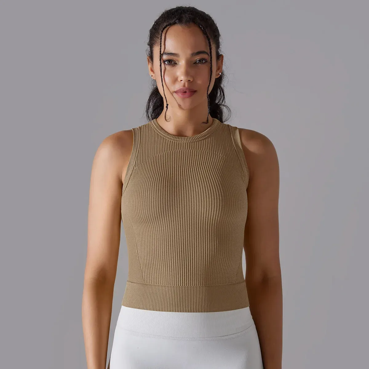 Ribbed Seamless Workout Tank Top - Women's Crew Neck Summer Sleeveless Yoga Shirt, Slim Sportswear Fitness Running Gym Top