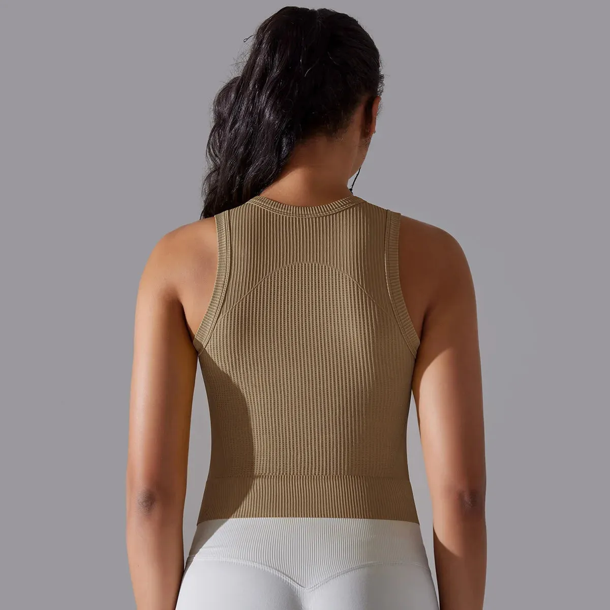 Ribbed Seamless Workout Tank Top - Women's Crew Neck Summer Sleeveless Yoga Shirt, Slim Sportswear Fitness Running Gym Top