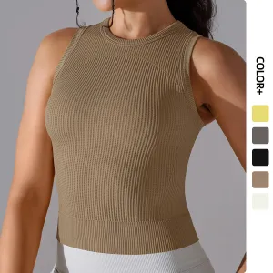 Ribbed Seamless Workout Tank Top - Women's Crew Neck Summer Sleeveless Yoga Shirt, Slim Sportswear Fitness Running Gym Top