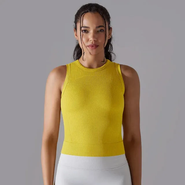 Ribbed Seamless Workout Tank Top - Women's Crew Neck Summer Sleeveless Yoga Shirt, Slim Sportswear Fitness Running Gym Top
