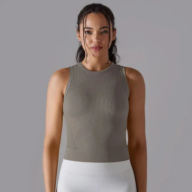 Ribbed Seamless Workout Tank Top - Women's Crew Neck Summer Sleeveless Yoga Shirt, Slim Sportswear Fitness Running Gym Top