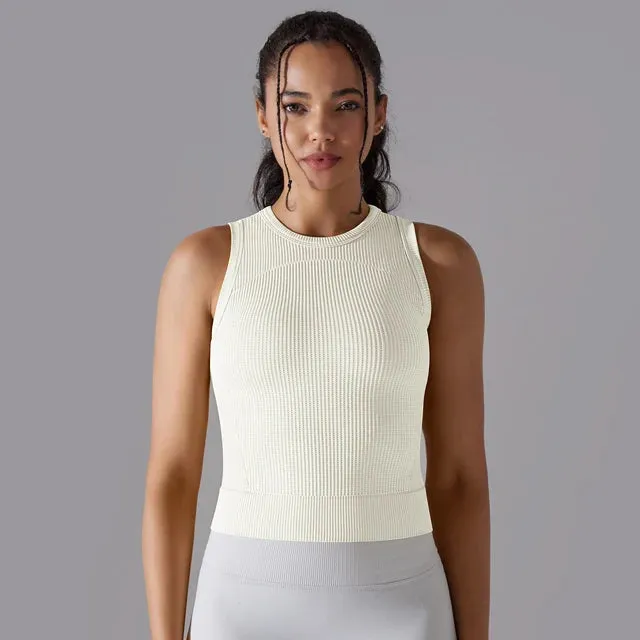 Ribbed Seamless Workout Tank Top - Women's Crew Neck Summer Sleeveless Yoga Shirt, Slim Sportswear Fitness Running Gym Top