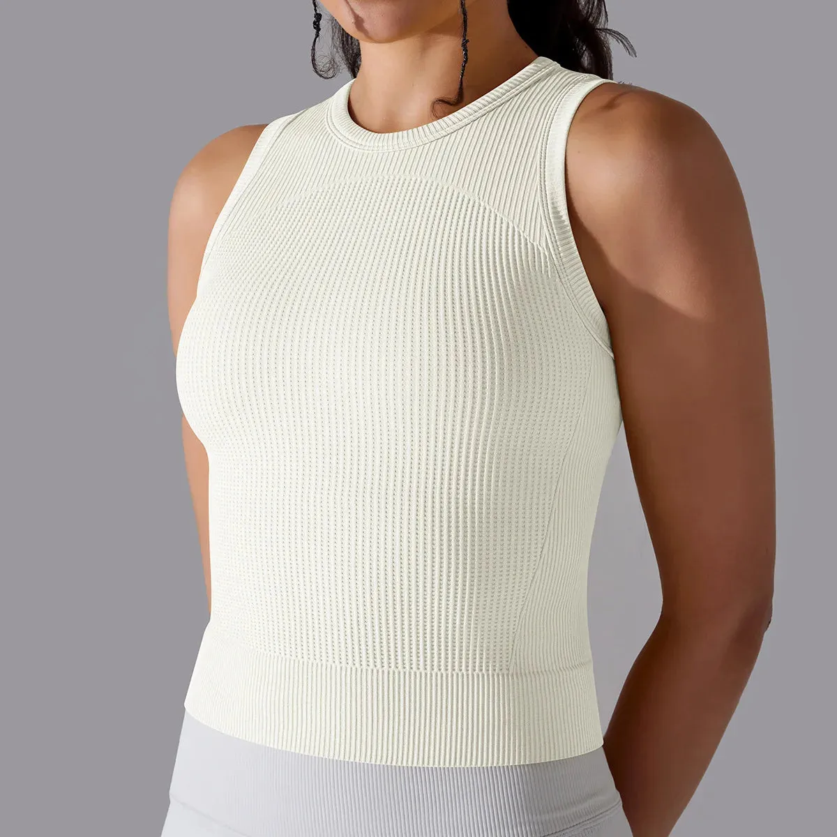 Ribbed Seamless Workout Tank Top - Women's Crew Neck Summer Sleeveless Yoga Shirt, Slim Sportswear Fitness Running Gym Top