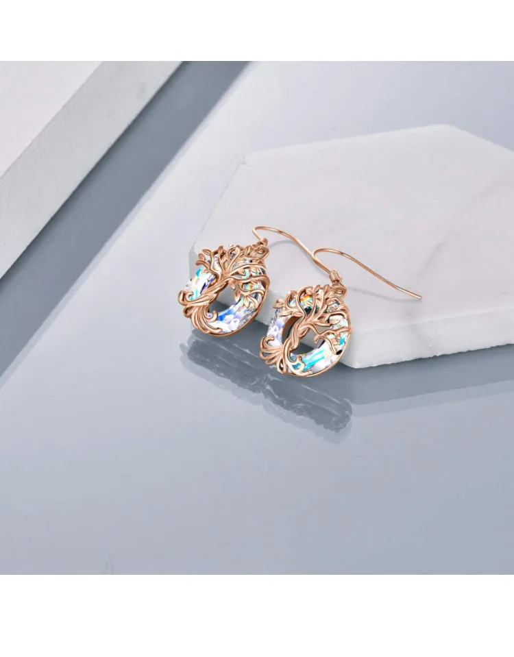 Rose Gold Crystal Tree of Life Drop Earrings