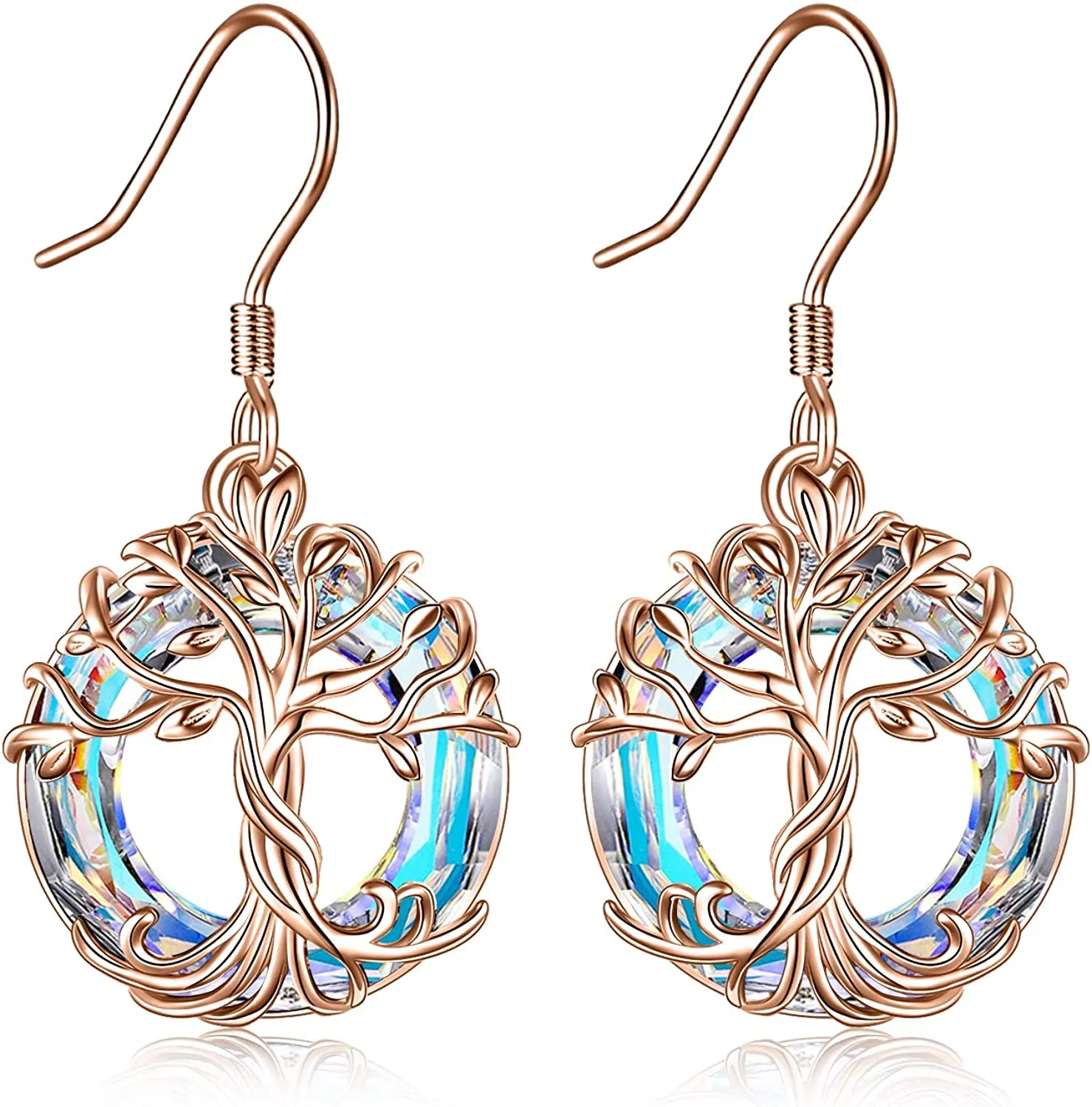 Rose Gold Crystal Tree of Life Drop Earrings