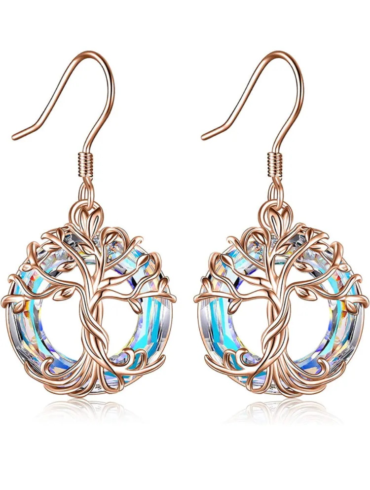 Rose Gold Crystal Tree of Life Drop Earrings